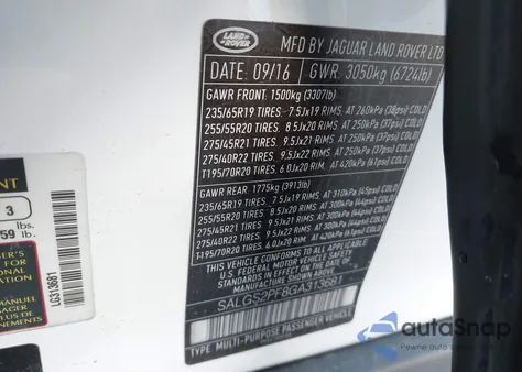 2016 Land Rover Range Rover 3.0L V6 Supercharged Hse из США, поврежденный, VIN SALGS2PF8GA313681